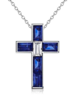 Baguette Cut Blue Sapphire Cross Necklace in Rhodium Plated 925 Sterling Silver