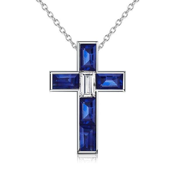 Baguette Cut Blue Sapphire Cross Necklace in Rhodium Plated 925 Sterling Silver