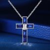 Baguette Cut Blue Sapphire Cross Necklace in Rhodium Plated 925 Sterling Silver