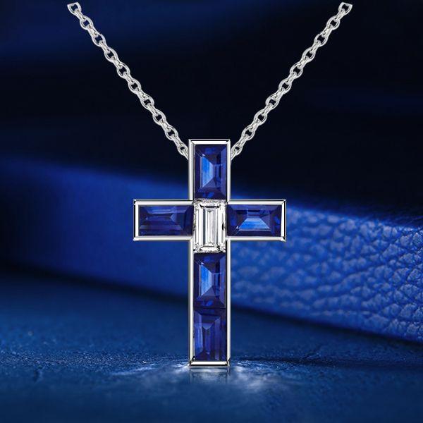 Baguette Cut Blue Sapphire Cross Necklace in Rhodium Plated 925 Sterling Silver