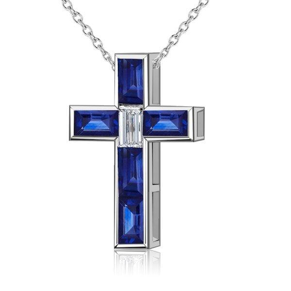 Baguette Cut Blue Sapphire Cross Necklace in Rhodium Plated 925 Sterling Silver