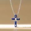 Baguette Cut Blue Sapphire Cross Necklace in Rhodium Plated 925 Sterling Silver
