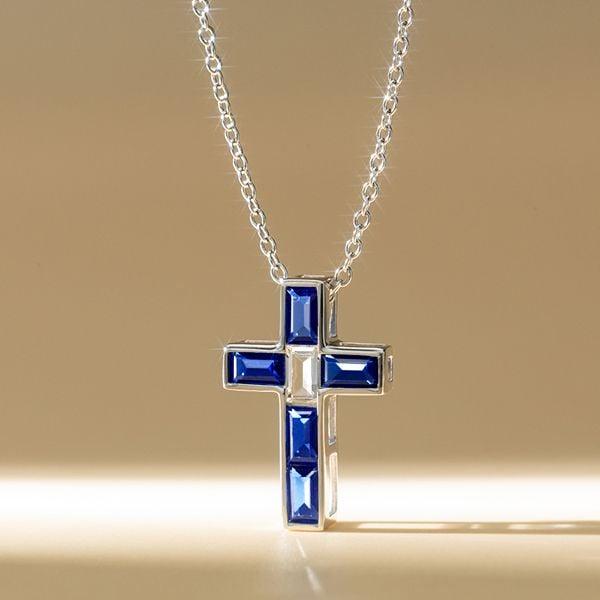 Baguette Cut Blue Sapphire Cross Necklace in Rhodium Plated 925 Sterling Silver