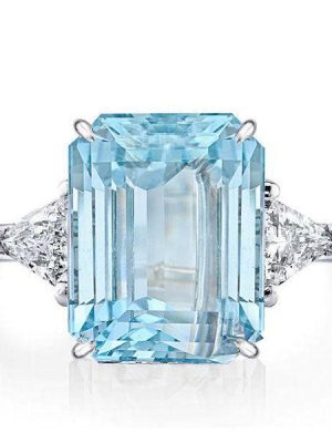 Emerald Cut Aquamarine Three Stone Engagement Ring - Sterling Silver