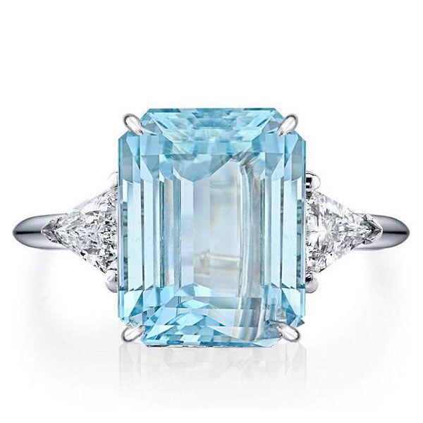 Emerald Cut Aquamarine Three Stone Engagement Ring - Sterling Silver