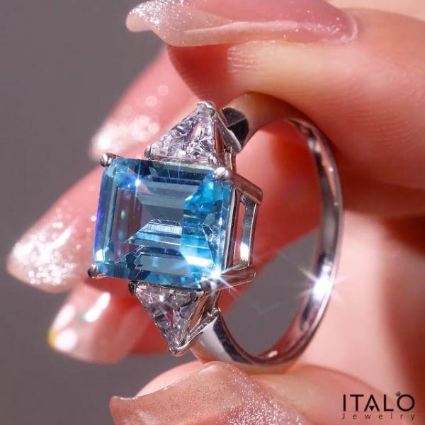 Emerald Cut Aquamarine Three Stone Engagement Ring - Sterling Silver