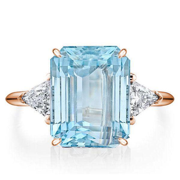 Emerald Cut Aquamarine Three Stone Engagement Ring - Sterling Silver