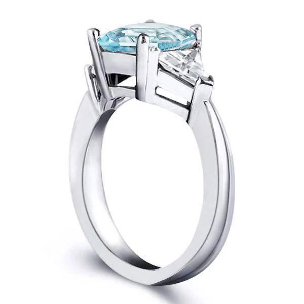 Emerald Cut Aquamarine Three Stone Engagement Ring - Sterling Silver