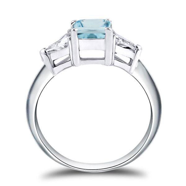 Emerald Cut Aquamarine Three Stone Engagement Ring - Sterling Silver