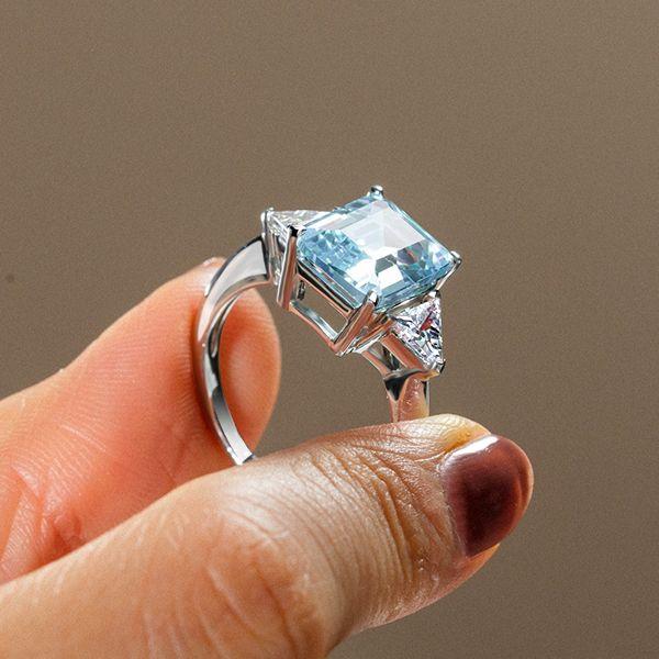 Emerald Cut Aquamarine Three Stone Engagement Ring - Sterling Silver