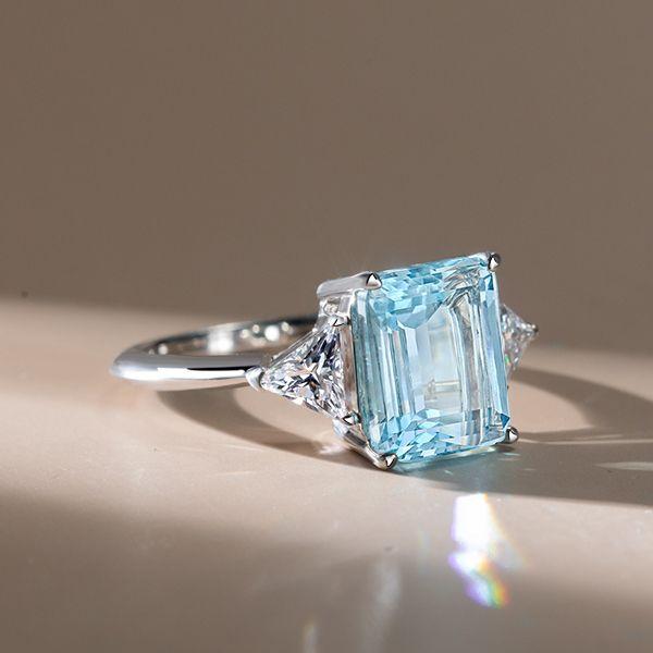 Emerald Cut Aquamarine Three Stone Engagement Ring - Sterling Silver