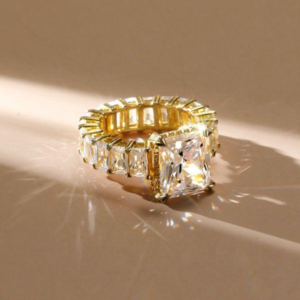 Golden Radiant Created White Sapphire Engagement Ring in 18K Gold Plated Sterling Silver
