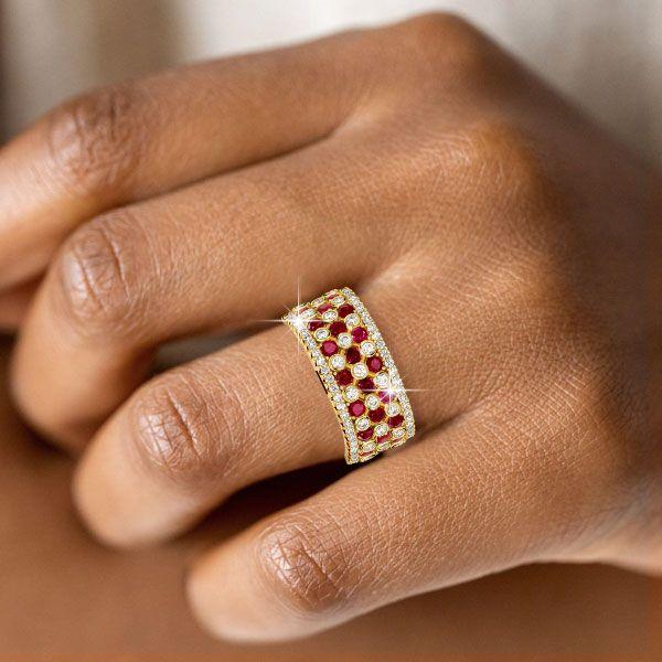 White & Ruby Sapphire Wedding Band - 18K Gold Plated Sterling Silver Multi Row Ring