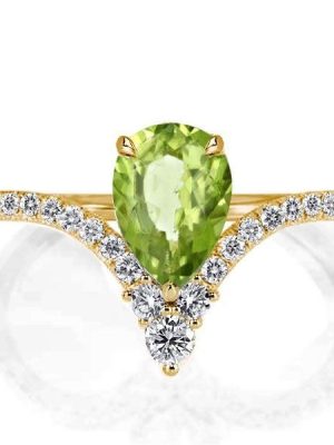 V-Design Pear Created Peridot Engagement Ring in 18K Gold Plated Sterling Silver