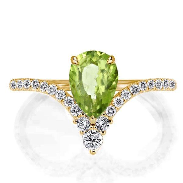 V-Design Pear Created Peridot Engagement Ring in 18K Gold Plated Sterling Silver