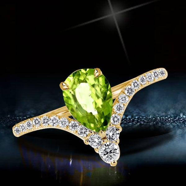 V-Design Pear Created Peridot Engagement Ring in 18K Gold Plated Sterling Silver