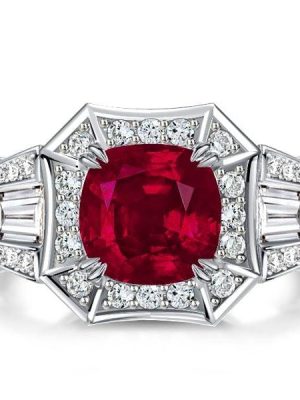 Halo Ruby Cushion Cut 2-Prong Engagement Ring for Women in Sterling Silver