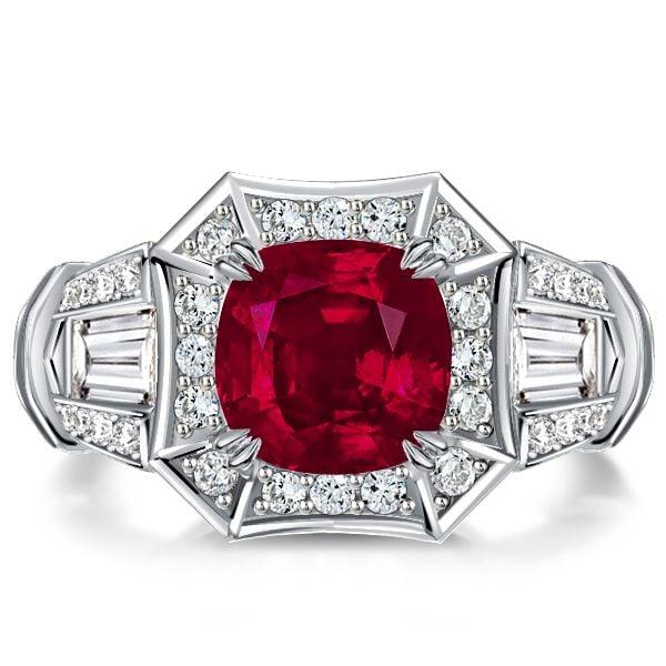 Halo Ruby Cushion Cut 2-Prong Engagement Ring for Women in Sterling Silver