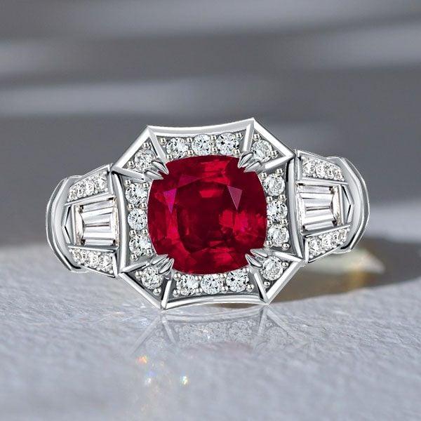 Halo Ruby Cushion Cut 2-Prong Engagement Ring for Women in Sterling Silver