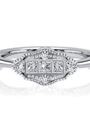 Art Deco Princess Cut Engagement Ring in 925 Sterling Silver with Rhodium Finish