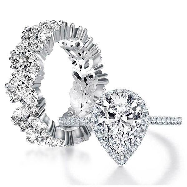Pear Halo Bridal Set - 925 Sterling Silver, 6.35 CT TW