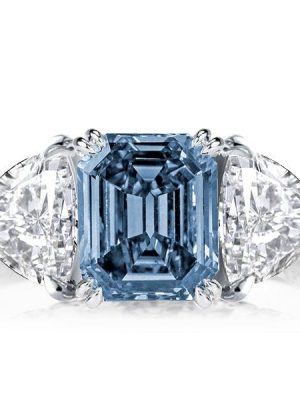 Emerald Blue Topaz Three Stone Engagement Ring - Sterling Silver