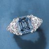 Emerald Blue Topaz Three Stone Engagement Ring - Sterling Silver