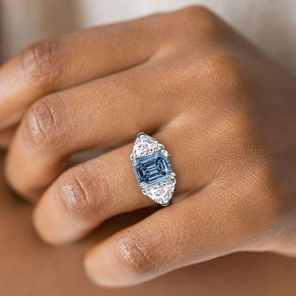 Emerald Blue Topaz Three Stone Engagement Ring - Sterling Silver