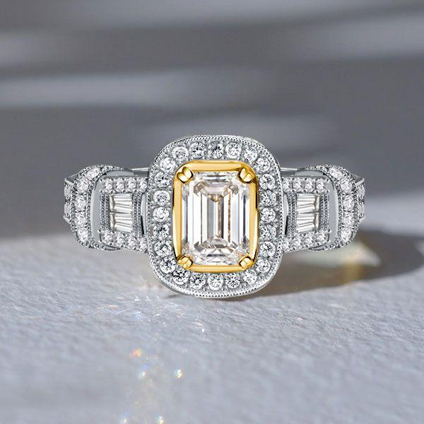 Emerald Cut Halo Engagement Ring - 925 Sterling Silver Wedding Ring for Women