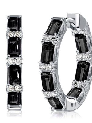 Baguette Cut Black Cubic Zirconia Sterling Silver Hoop Earrings