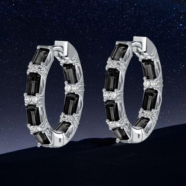 Baguette Cut Black Cubic Zirconia Sterling Silver Hoop Earrings