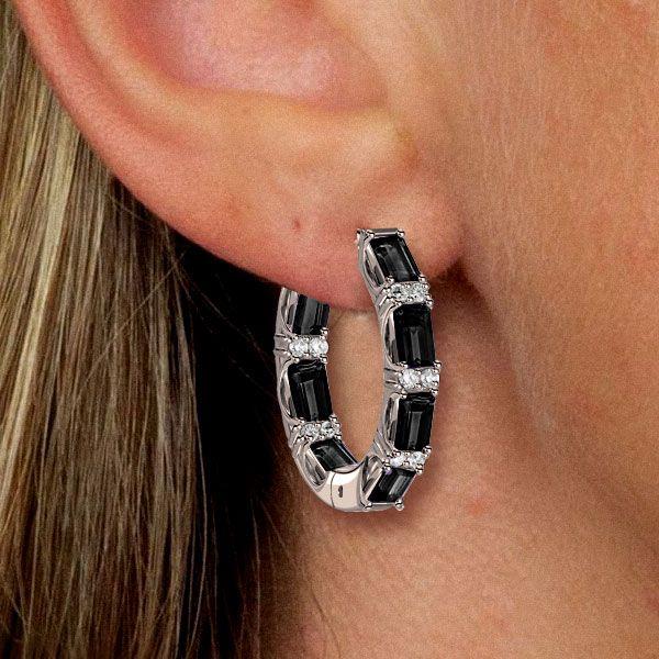 Baguette Cut Black Cubic Zirconia Sterling Silver Hoop Earrings