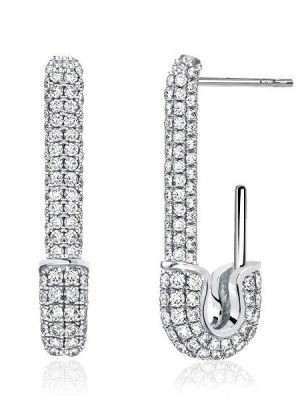 Sterling Silver Pave Safety Pin Earrings - Sparkly & Unique