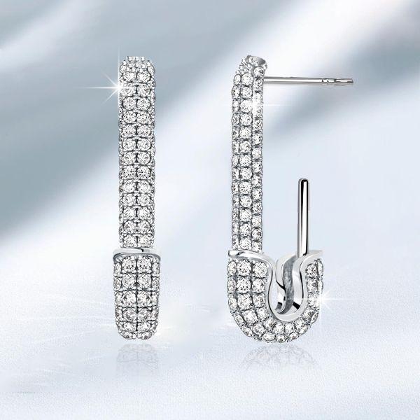 Sterling Silver Pave Safety Pin Earrings - Sparkly & Unique