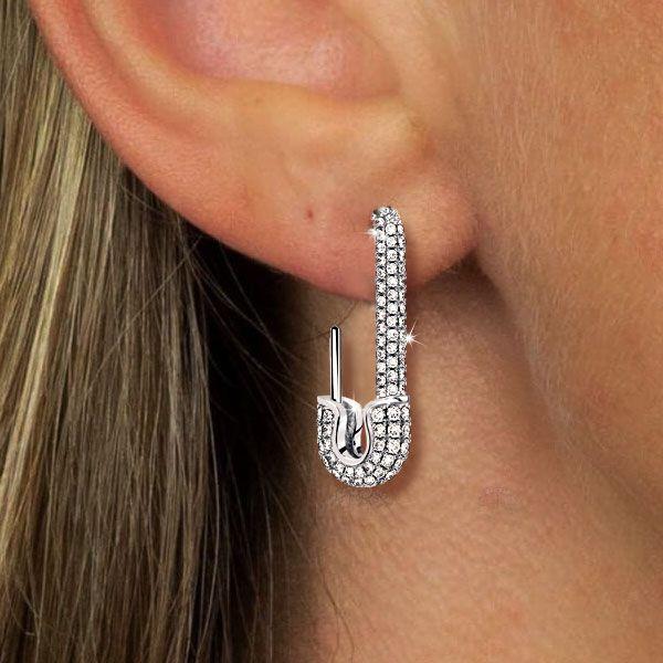 Sterling Silver Pave Safety Pin Earrings - Sparkly & Unique