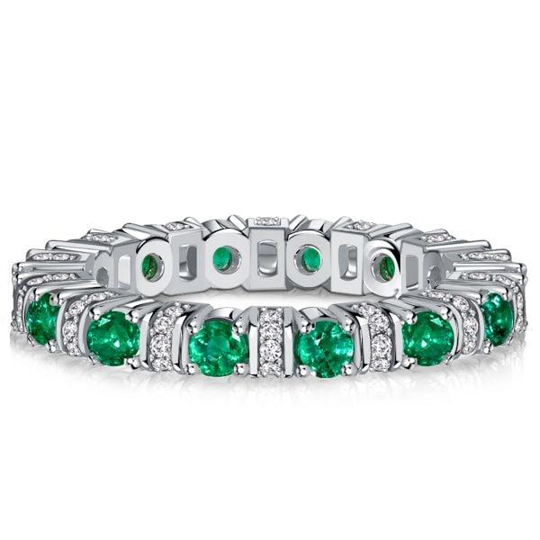Round Cut Emerald and Sapphire Eternity Band Ring in Rhodium-Plated Sterling Silver