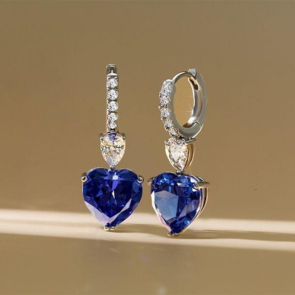 Heart and Pear Cut Blue Sapphire Drop Earrings in 925 Sterling Silver