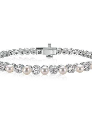 Milgrain Bezel Round Pearl Tennis Bracelet - 925 Sterling Silver, Vintage Style