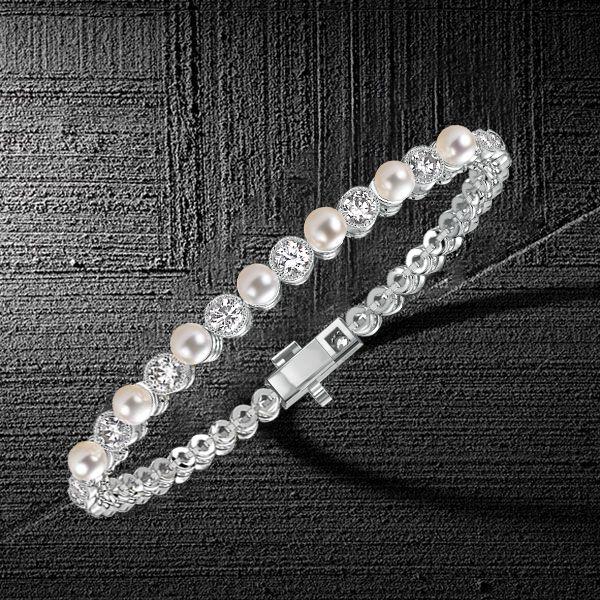 Milgrain Bezel Round Pearl Tennis Bracelet - 925 Sterling Silver, Vintage Style
