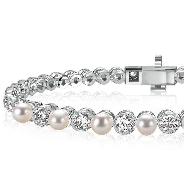 Milgrain Bezel Round Pearl Tennis Bracelet - 925 Sterling Silver, Vintage Style
