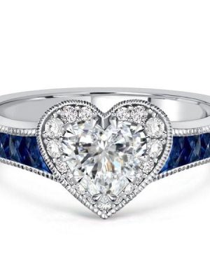 Sterling Silver Blue Sapphire Heart Cut Halo Engagement Ring for Women