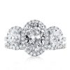 Floral Three Stone Halo Wedding Ring Set in Sterling Silver with Created White Sapphire