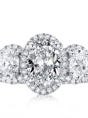 Floral Three Stone Halo Wedding Ring Set in Sterling Silver with Created White Sapphire