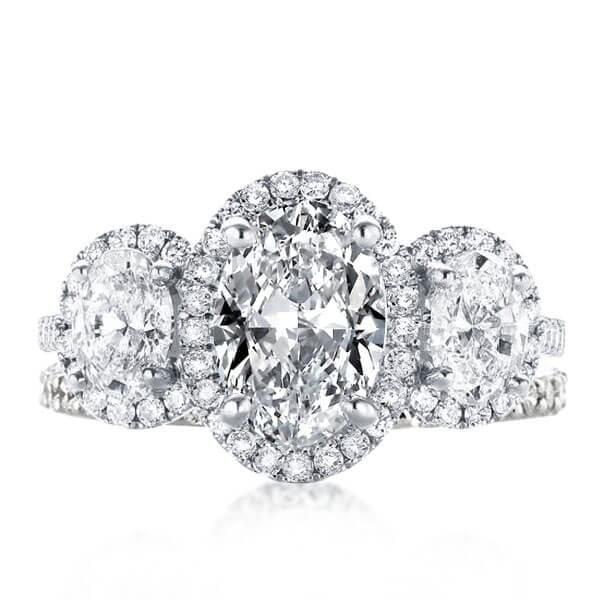 Floral Three Stone Halo Wedding Ring Set in Sterling Silver with Created White Sapphire