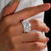 Floral Three Stone Halo Wedding Ring Set in Sterling Silver with Created White Sapphire