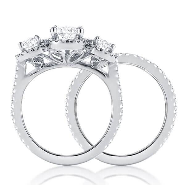 Floral Three Stone Halo Wedding Ring Set in Sterling Silver with Created White Sapphire