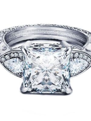 Filigree Three Stone Created White Sapphire Engagement Ring - Sterling Silver