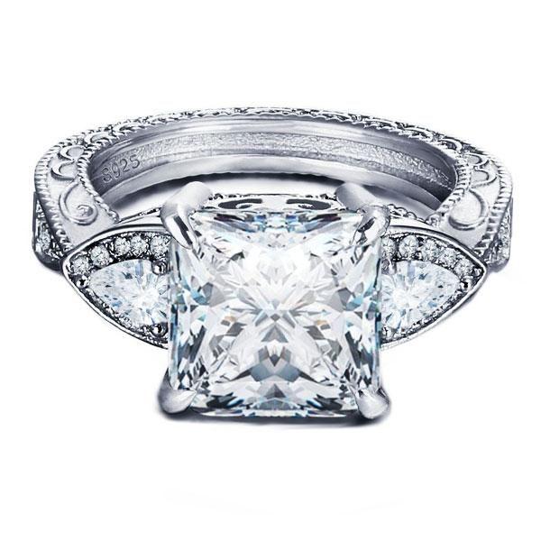 Filigree Three Stone Created White Sapphire Engagement Ring - Sterling Silver