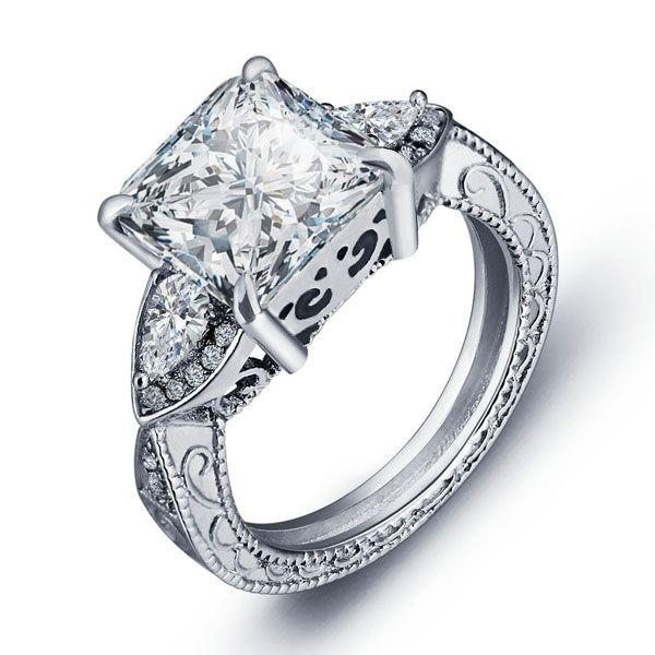 Filigree Three Stone Created White Sapphire Engagement Ring - Sterling Silver
