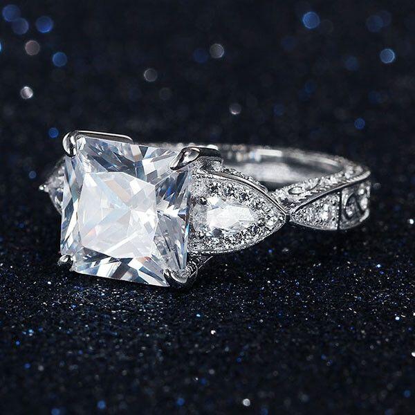 Filigree Three Stone Created White Sapphire Engagement Ring - Sterling Silver